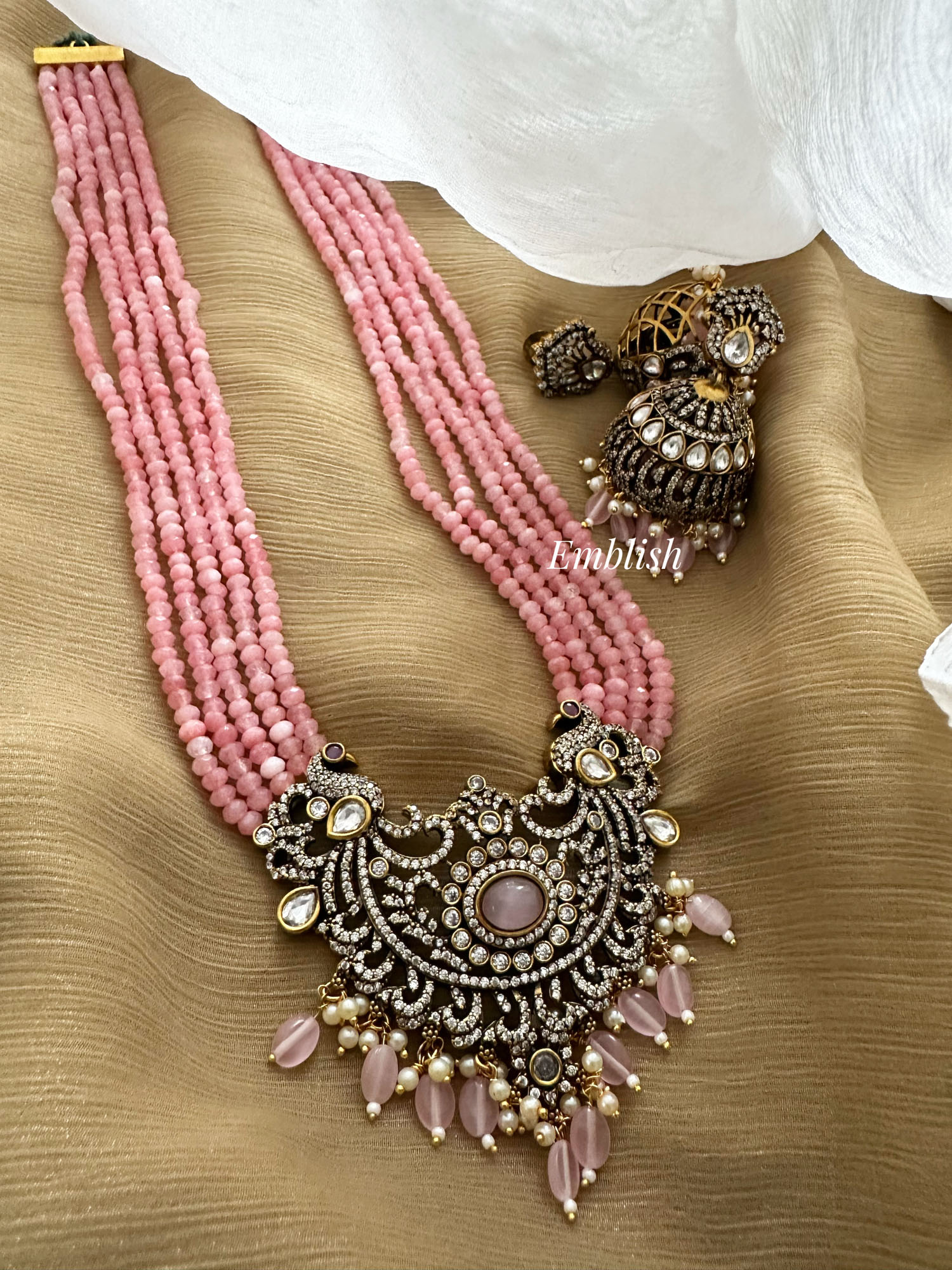 Victorian Flower Double Peacock Crystal Pearl Long Neckpiece - Pastel Pink